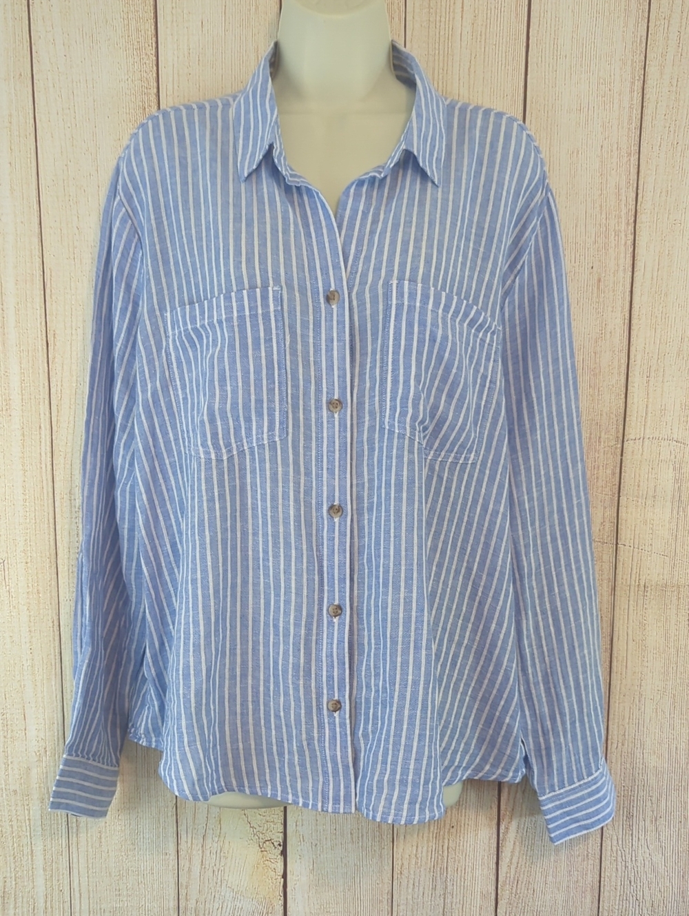 Beach Lunch Lounge Linen Blend Striped Blue & White Blouse XL NWOT
